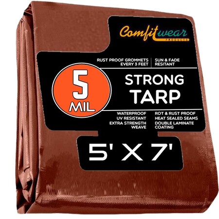 Comfitwear 5 MIL Standard Strong Multi-Purpose Tarp Cover Rust Proof Waterproof Reinforced Edges, Brown, 50PK MTBR-57-BULK-50